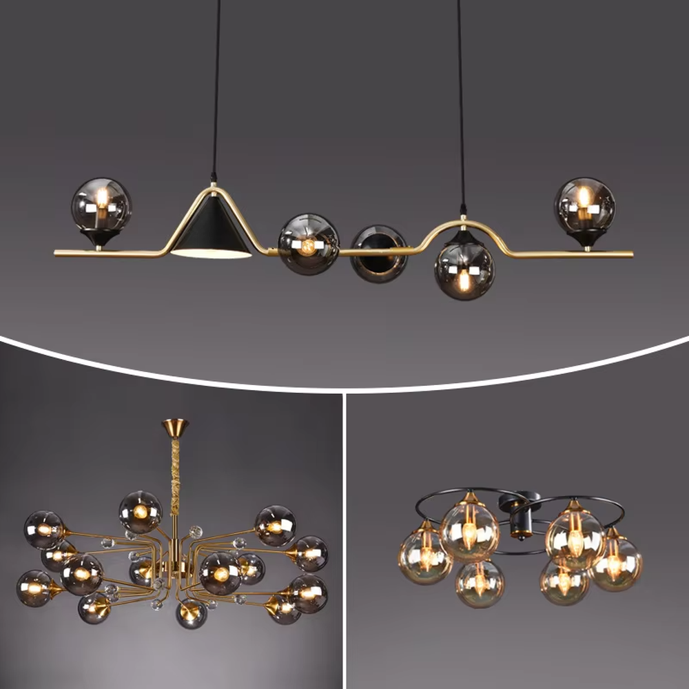 Modern light luxury geometric combination chandelier, featuring a fluid curved frame in black and gold metal paired with gradient smoky gray glass balls and a cone-shaped lampshade. Its minimalist and layered design combines style and ambiance, making it a decorative lighting fixture that elevates the space's aesthetic.
