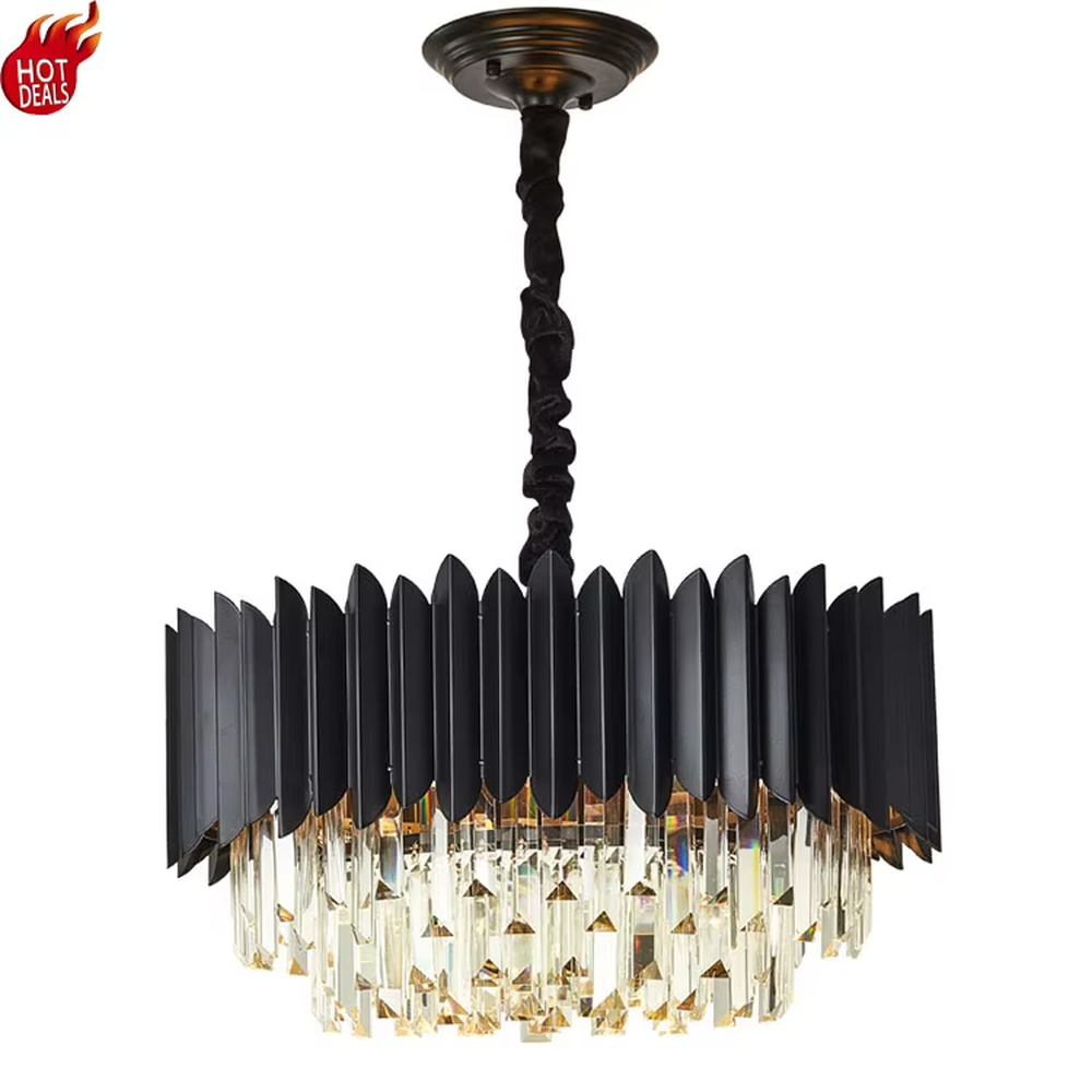 This modern light luxury two-layer chandelier features a dome shape enclosed by matte black vertical-textured metal on the upper layer, paired with transparent crystal tassel pendants on the lower layer, suspended by a black braided cord. When lit, light refracts through the crystal to emit a brilliant and soft glow, combining a sleek, bold texture with an elegant ambiance. Ideal for dining rooms, bedrooms, light luxury living rooms, and other spaces, it adds an exquisite and sophisticated touch to modern minimalist or industrial-style home environments.