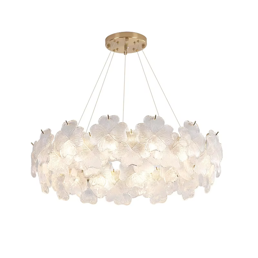 This modern light luxury two-layer petal chandelier is suspended by white cords, composed of two layers of transparent glass petals arranged in a staggered layout with delicate textures. When lit, it emits a soft and gentle glow, combining a romantic ambiance with an ethereal feel. Ideal for living rooms, bedrooms, dining rooms, and other spaces, it adds a dreamy and exquisite touch to modern minimalist or French light luxury home environments.