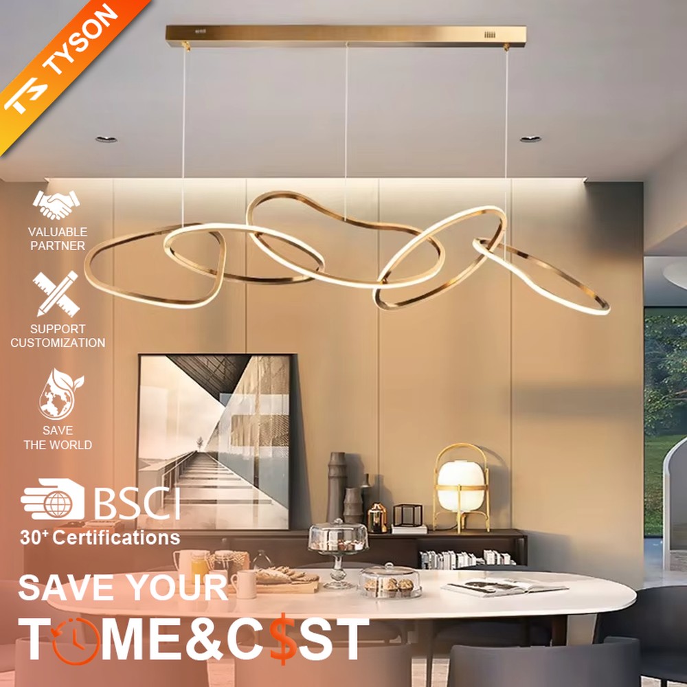 Modern light luxury flowing ring chandelier, featuring interwoven and irregular gold metal rings with built-in soft LED lighting. Its dynamic and elegant lines combine artistry and ambiance, making it a high-end decorative lighting fixture that elevates the space's style.