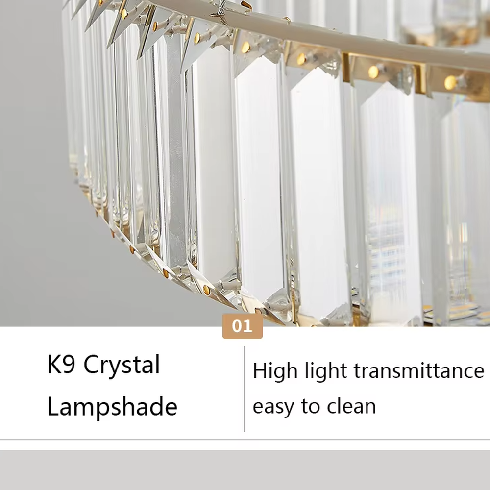 This modern light luxury multi-layer circular crystal chandelier features gold metal frames, inlaid with transparent long crystals to create three groups of staggered circular shapes. When lit, light refracts through the crystals to emit a brilliant and soft glow, combining a layered texture with an ambient atmosphere. Ideal for high-ceiling living rooms, duplex apartments, light luxury apartments, and other spaces, it adds an exquisite and sophisticated touch to modern minimalist or light luxury home environments.