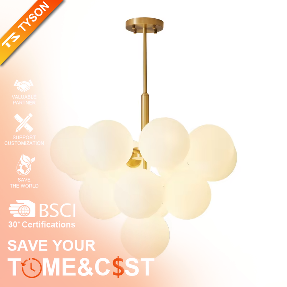 Modern light luxury gold magic bean chandelier, featuring a brass metal frame paired with clustered milk-white frosted glass balls. It emits soft and gentle light, combining warmth and style, making it a decorative lighting fixture that enhances the space's texture.