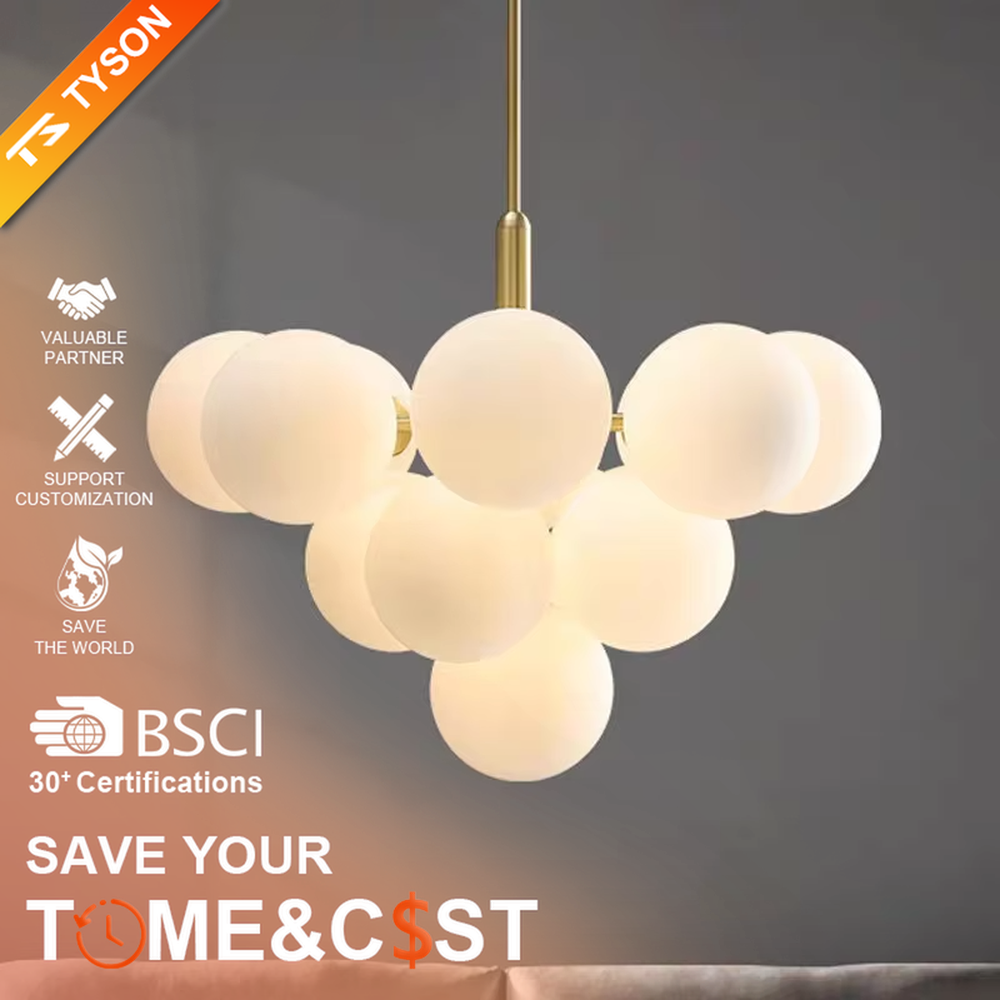 Modern healing cloud magic bean chandelier, featuring a brass metal frame paired with fluffy milk-white frosted glass balls to form a cloud shape. It emits soft and gentle light, combining a dreamy feel and cozy ambiance, making it a decorative lighting fixture that enhances the warmth of the space.