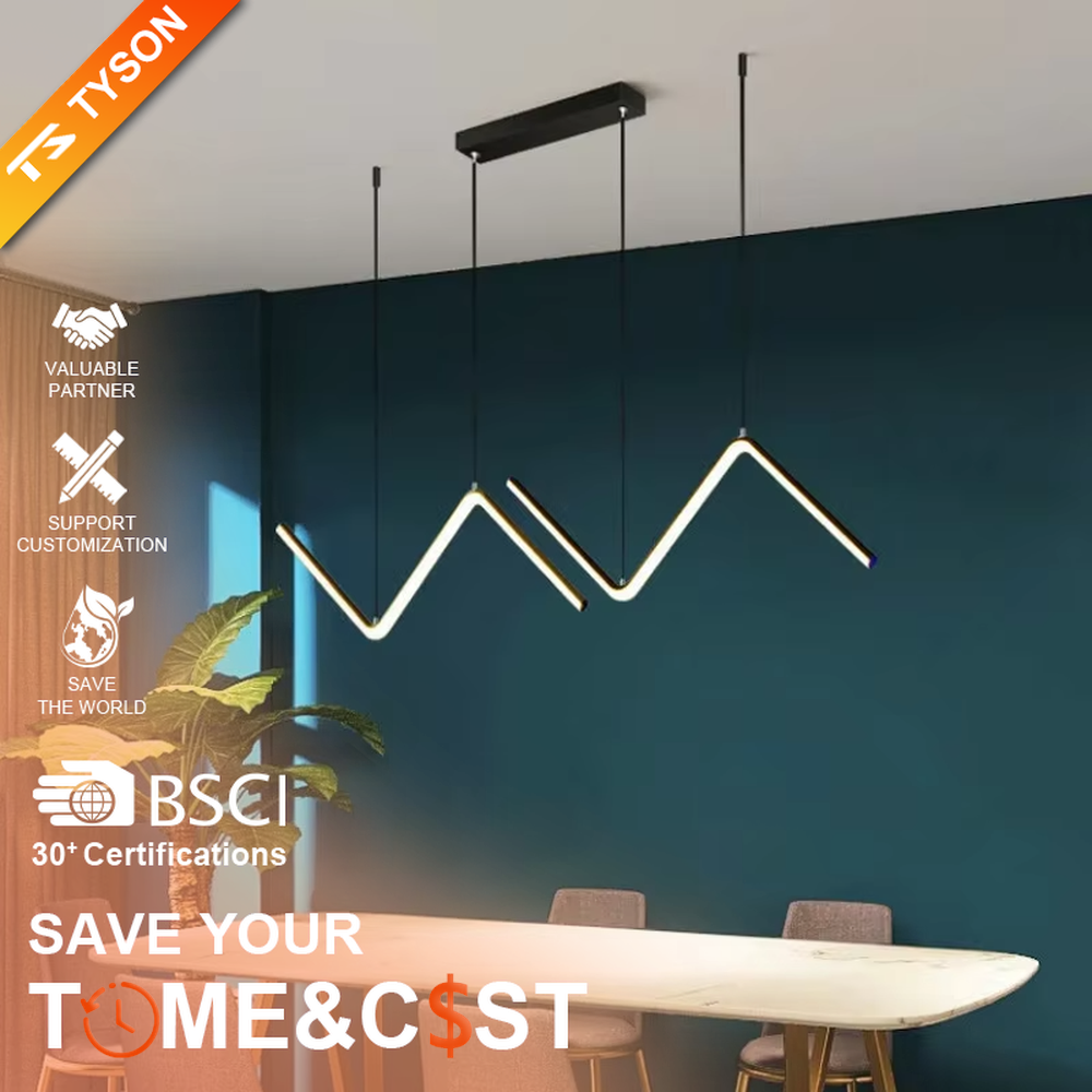 Modern minimalist mountain-shaped linear chandelier, featuring a gold metal frame paired with LED light strips to create staggered mountain contour lines. It emits soft and even light, combining design sense and ambiance, making it a decorative lighting fixture that elevates the space's style.
