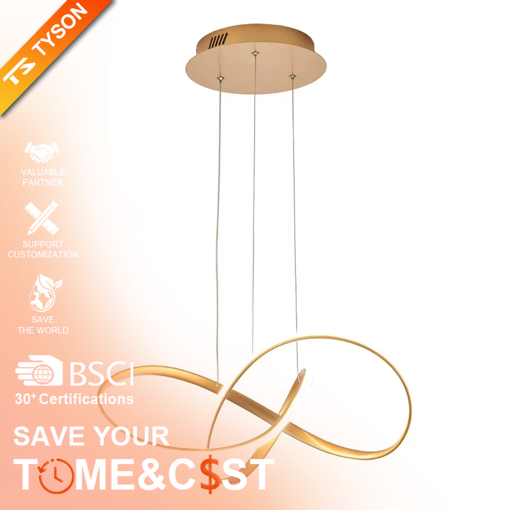 Modern light luxury interlocking double-ring chandelier, featuring a fluid interwoven ring structure in black and gold metal with built-in soft LED lighting. Its dynamic and elegant lines combine style and ambiance, making it a modern home lighting fixture that elevates the space's aesthetic.