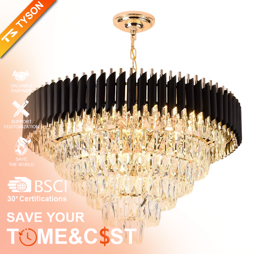 This modern light luxury multi-layer conical crystal chandelier features an upper frame of black-gold metal strips and a lower layer of multiple tiers of transparent crystal strips, forming a full conical dome shape. When lit, light refracts through the crystal to emit a brilliant and luxurious glow, combining a bold texture with an ambient atmosphere. Ideal for villa living rooms, high-end clubs, luxury dining rooms, and other spaces, it adds an elegant and exquisite touch to European luxury or modern light luxury environments.