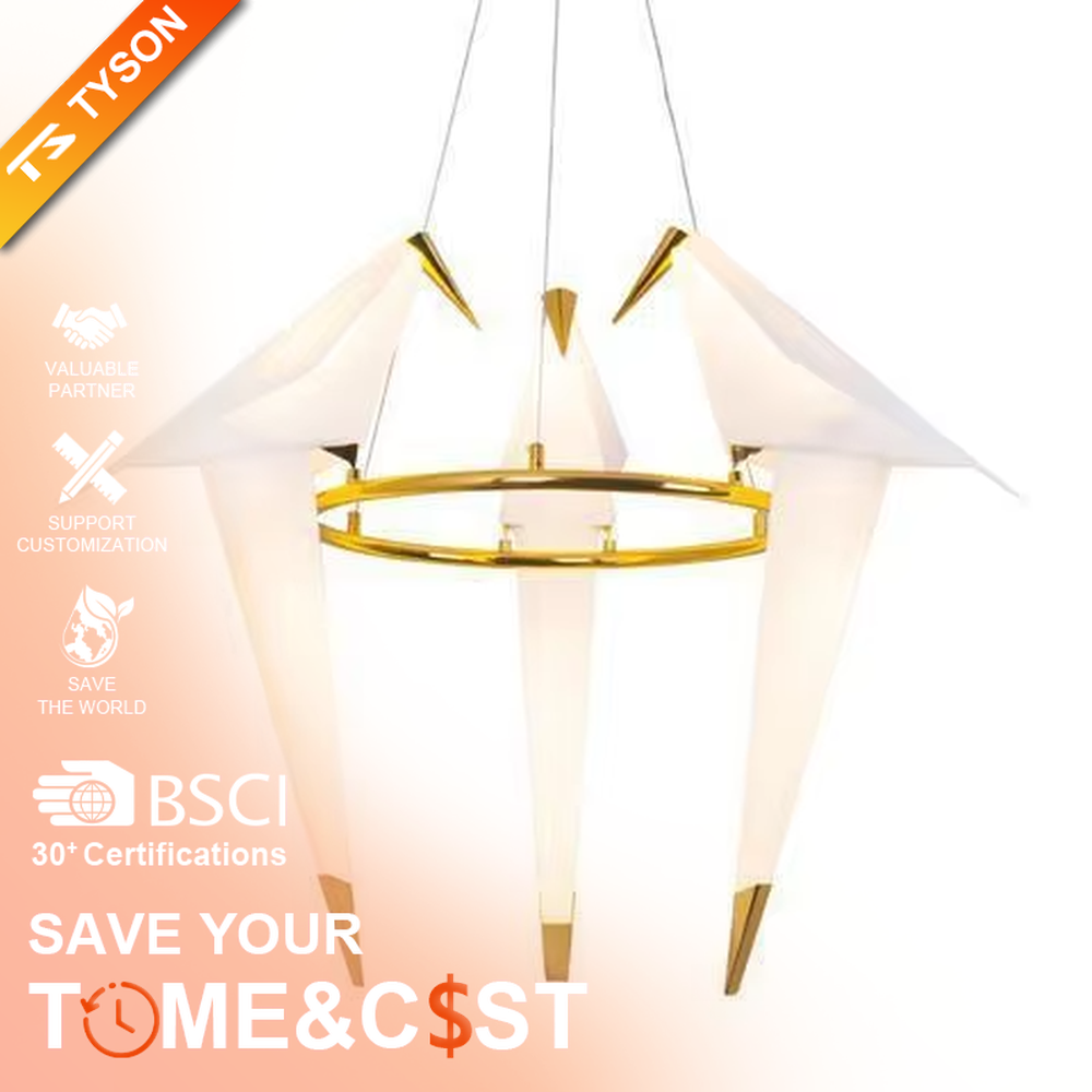 Modern art origami crane chandelier, featuring a gold metal frame paired with white origami crane-shaped lampshades made using paper folding techniques. Its elegant and dynamic lines combine artistry and ambiance, making it a decorative lighting fixture that elevates the space's style.