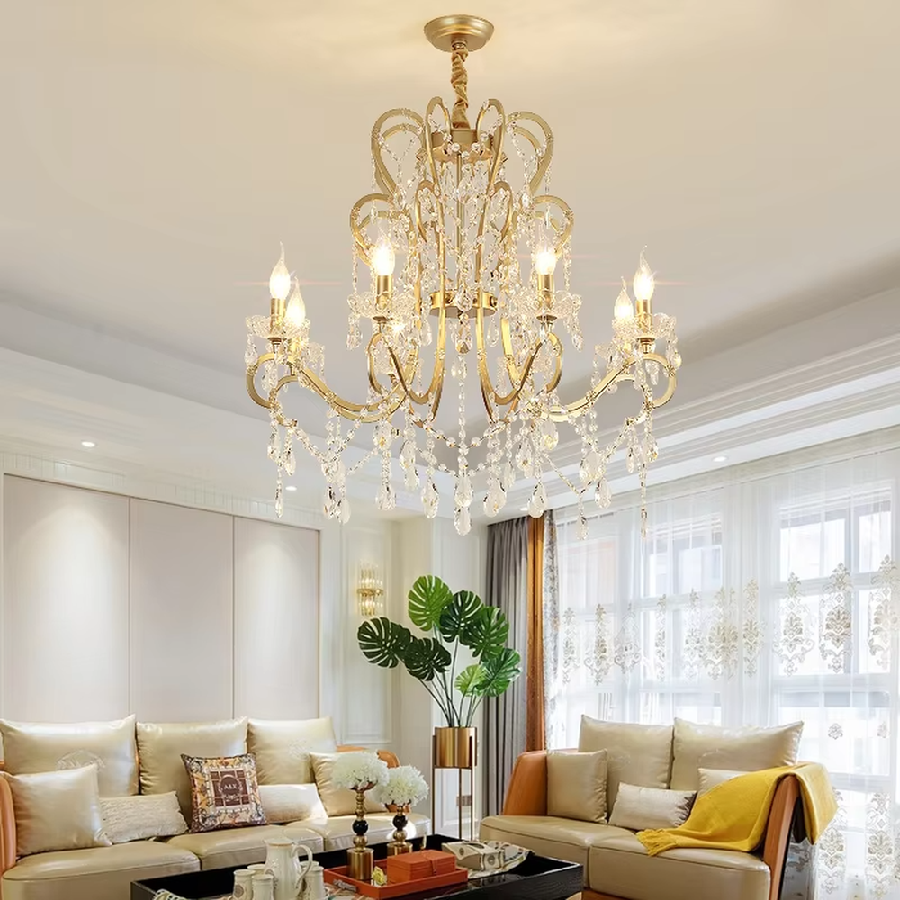 This European luxury crystal chandelier features curved branches crafted from transparent crystal, paired with hanging crystal pendants, creating a gorgeous and elegant courtly texture. When lit, light refracts through the crystal to emit a brilliant and soft glow, combining decorative appeal with an ambient atmosphere. Ideal for living rooms, dining rooms, villa high-ceiling spaces, or high-end clubs, it adds an elegant and exquisite touch to European luxury or modern light luxury spaces.