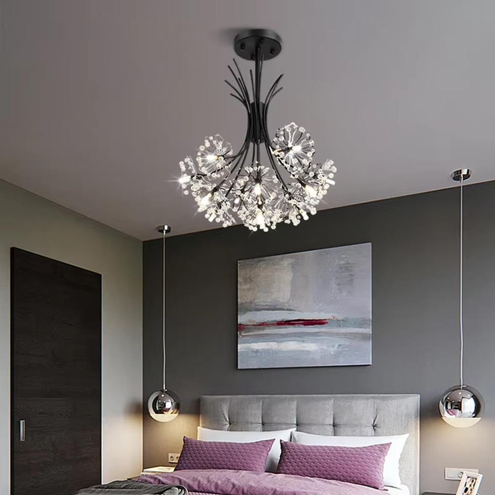 This modern light luxury dandelion-shaped chandelier features a black wrought iron frame and transparent crystal flower ball lampshades. When lit, it emits a bright and soft glow like blooming fireworks, combining decorative appeal with an ambient atmosphere. Ideal for bedrooms, living rooms, dining rooms, and other spaces, it adds an exquisite and romantic touch to modern minimalist, light luxury, or Nordic-style home environments.