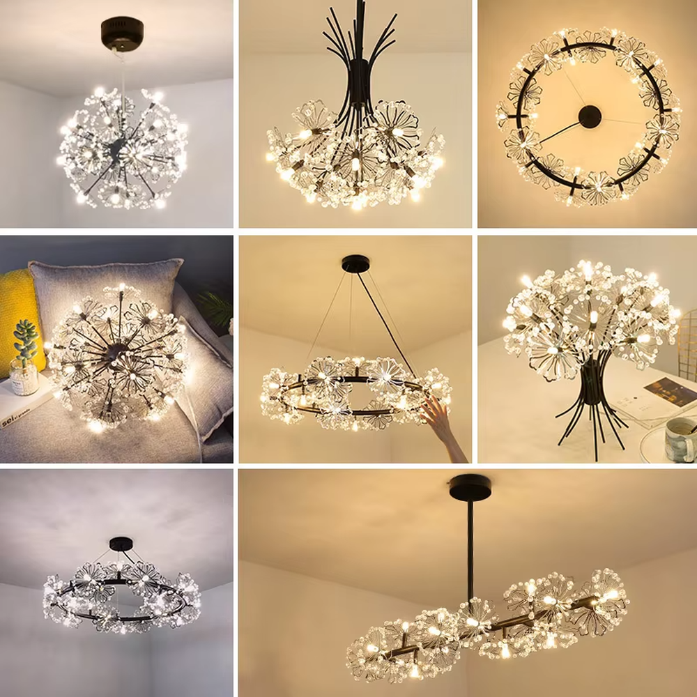 This modern light luxury dandelion-shaped chandelier features a black wrought iron frame and transparent crystal flower ball lampshades. When lit, it emits a bright and soft glow like blooming fireworks, combining decorative appeal with an ambient atmosphere. Ideal for bedrooms, living rooms, dining rooms, and other spaces, it adds an exquisite and romantic touch to modern minimalist, light luxury, or Nordic-style home environments.