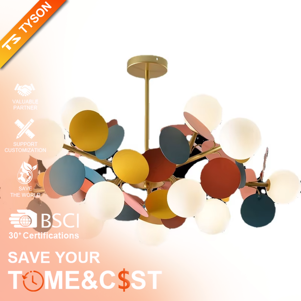 This playful and colorful disc chandelier features a gold metal frame, paired with milky white glowing spheres and macaron-colored (pink, orange, blue, yellow) decorative discs arranged in a staggered layout. When lit, it emits a soft and warm glow, creating a lively and comforting atmosphere. Ideal for kids' bedrooms, parent-child play areas, kindergartens, and other spaces, it adds a dreamy and romantic touch to childlike environments.