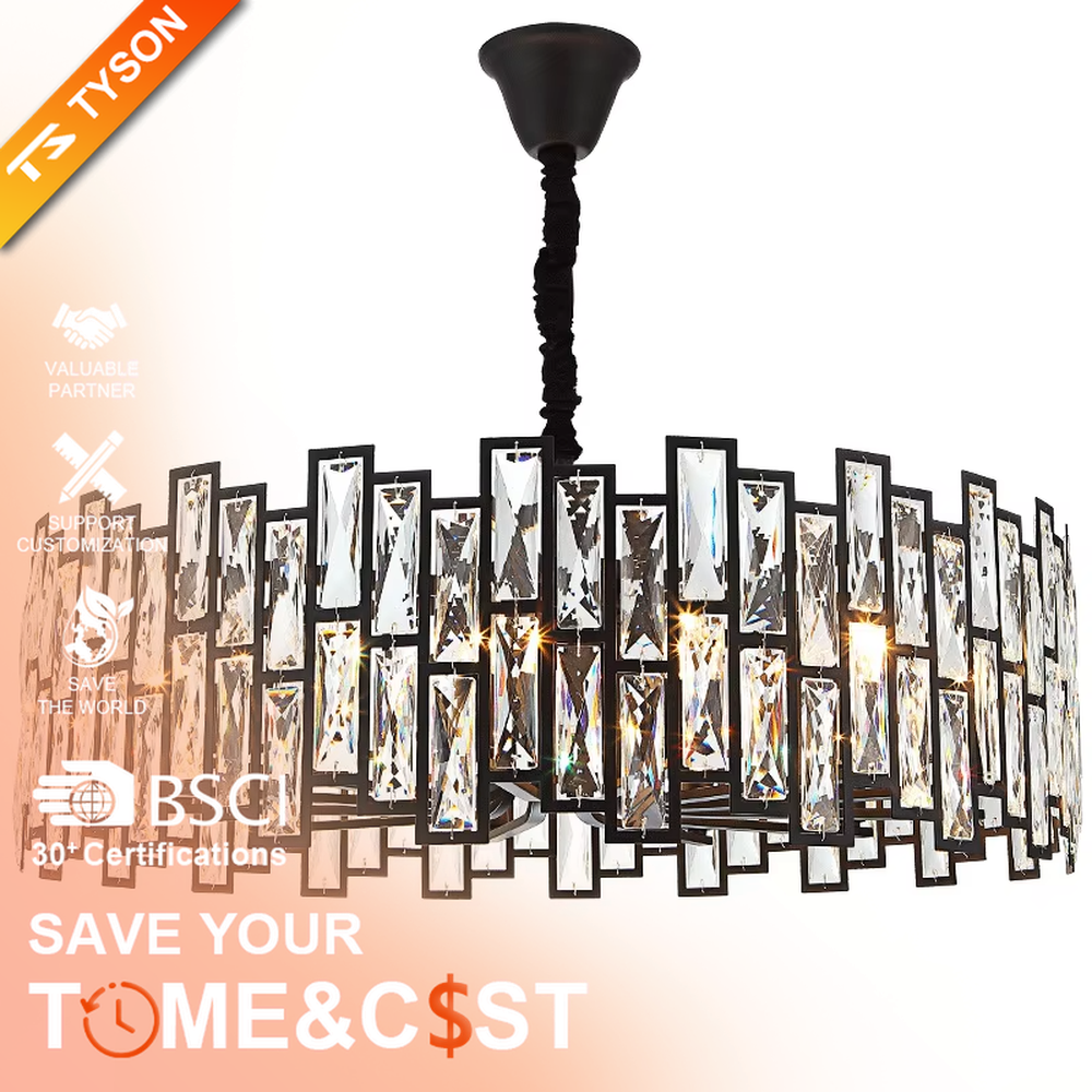 This modern light luxury square crystal chandelier features a black metal frame, inlaid with multi-faceted cut crystal pieces to form a square shape. When lit, light refracts through the crystal to emit a brilliant and luxurious glow, combining a bold texture with an elegant ambiance. Ideal for living rooms, dining rooms, large apartments, and other spaces, it adds an exquisite and sophisticated touch to modern minimalist or light luxury home environments.