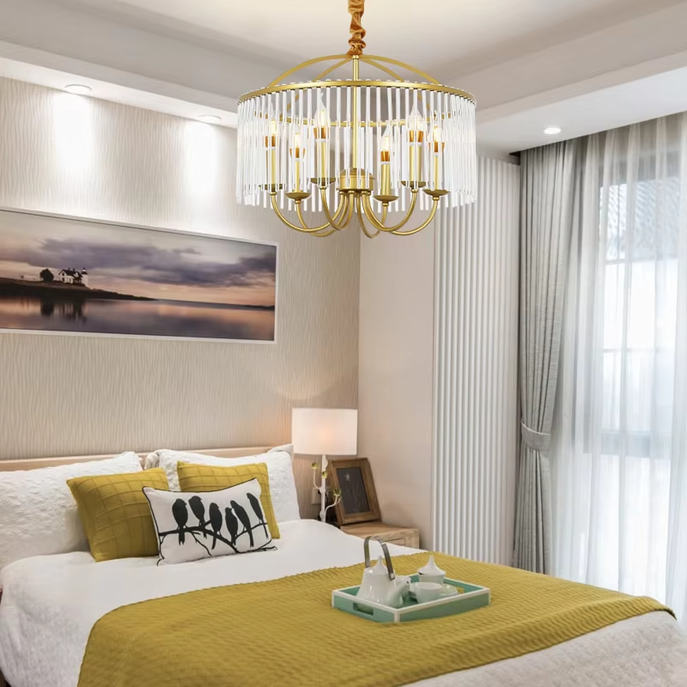 This retro light luxury crystal tassel chandelier features a brass metal frame, paired with transparent long crystal tassels that enclose a dome shape. The internal curved-arm lamp holder is equipped with candelabra light sources. When lit, light refracts through the crystal to emit a soft and brilliant glow, combining retro elegance with an ambient atmosphere. Ideal for dining rooms, bedrooms, retro-style living rooms, and other spaces, it adds an elegant and exquisite touch to American retro or European light luxury home environments.