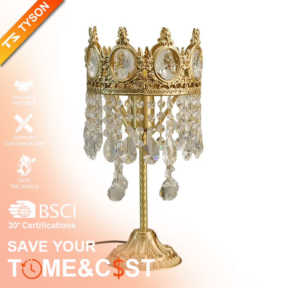 This is a luxurious palace-style crown-shaped crystal lamp (including floor lamp and table lamp styles), with a golden metal crown frame paired with crystal pendants, featuring a magnificent and noble design, and brilliant and gorgeous lighting. It is used for space lighting and decoration, creating a luxurious palace atmosphere. Suitable for luxury living rooms, bedrooms, high-end hotel guest rooms and other places.