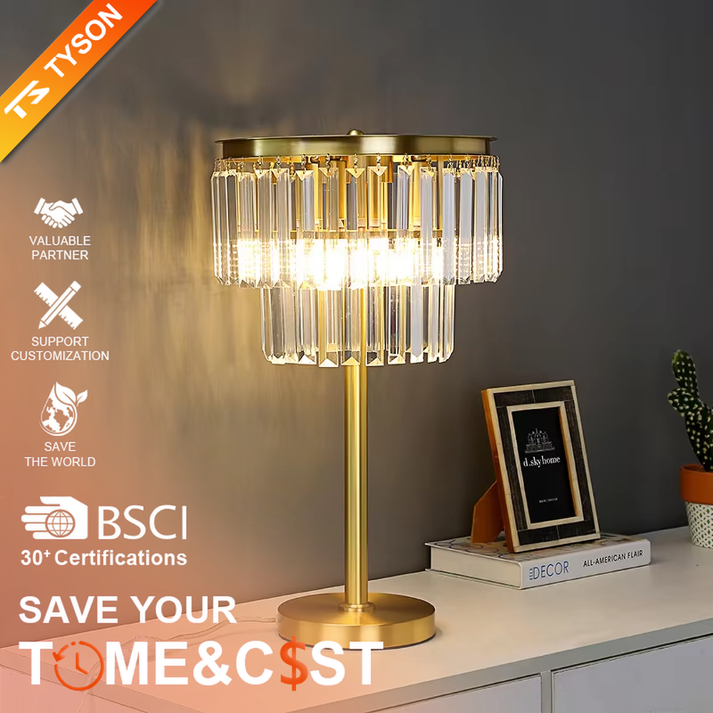 Light luxury golden metal crystal table lamp, multi-layer transparent crystal pendant lampshade + golden base, brilliant and soft lighting, creating a high-end elegant atmosphere.