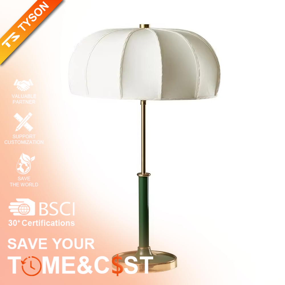 This is a light luxury retro umbrella - shaped fabric table lamp, with a white umbrella - shaped fabric lampshade paired with golden and dark green metal stands, and a golden base. It features a minimalist retro and light luxury elegant design, with warm and soft lighting. It is used for local desktop lighting and decoration, creating a light luxury retro atmosphere. Suitable for light luxury - style bedroom bedside tables, modern retro - style living room side tables, high - end hotel guest rooms and other places.
