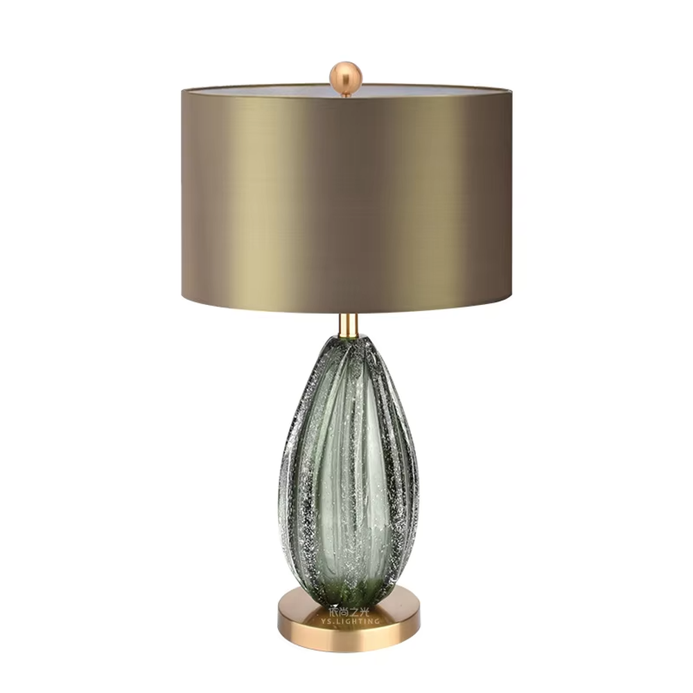 Light luxury dark brown fabric lampshade teardrop-textured table lamp, black-gray textured base + golden base, soft lighting, creating a high-end elegant atmosphere.