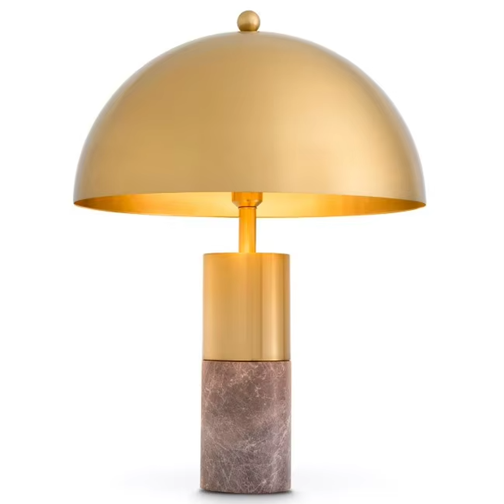 This is a luxury-style gold-brown marble table lamp, with a golden dome lampshade, golden metal pole, and brown marble base, featuring a minimalist and grand design with strong luxury texture. It is used for local desktop lighting and decoration, creating a luxury and modern atmosphere. Suitable for luxury-style home bedroom bedside tables, high-end hotel guest rooms, modern minimalist living room side tables and other places.