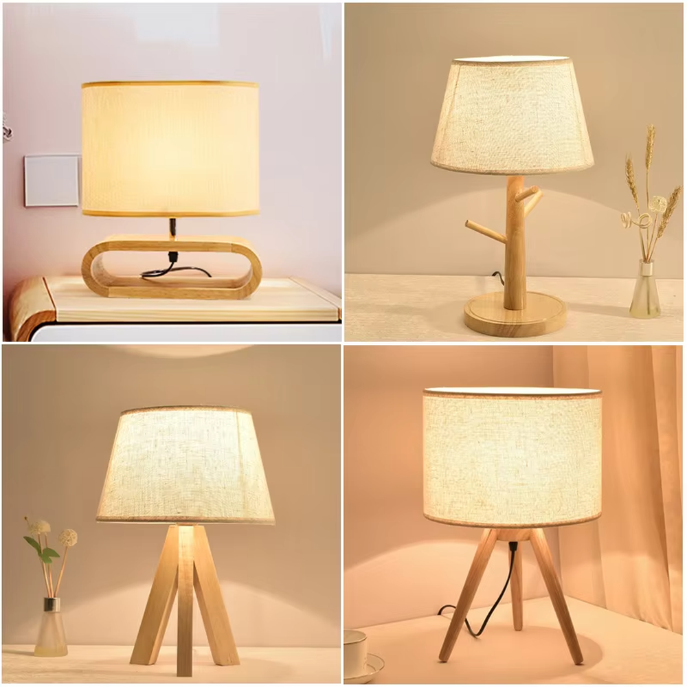 Natural minimalist-style wooden tripod table lamp, beige linen lampshade + solid wood stand, soft and warm lighting, creating a comfortable natural atmosphere.