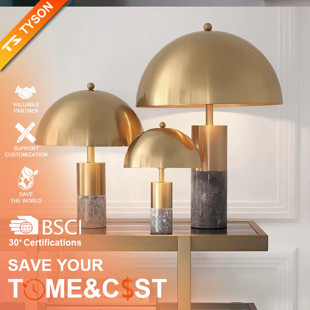 This is a luxury-style gold-brown marble table lamp, with a golden dome lampshade, golden metal pole, and brown marble base, featuring a minimalist and grand design with strong luxury texture. It is used for local desktop lighting and decoration, creating a luxury and modern atmosphere. Suitable for luxury-style home bedroom bedside tables, high-end hotel guest rooms, modern minimalist living room side tables and other places.