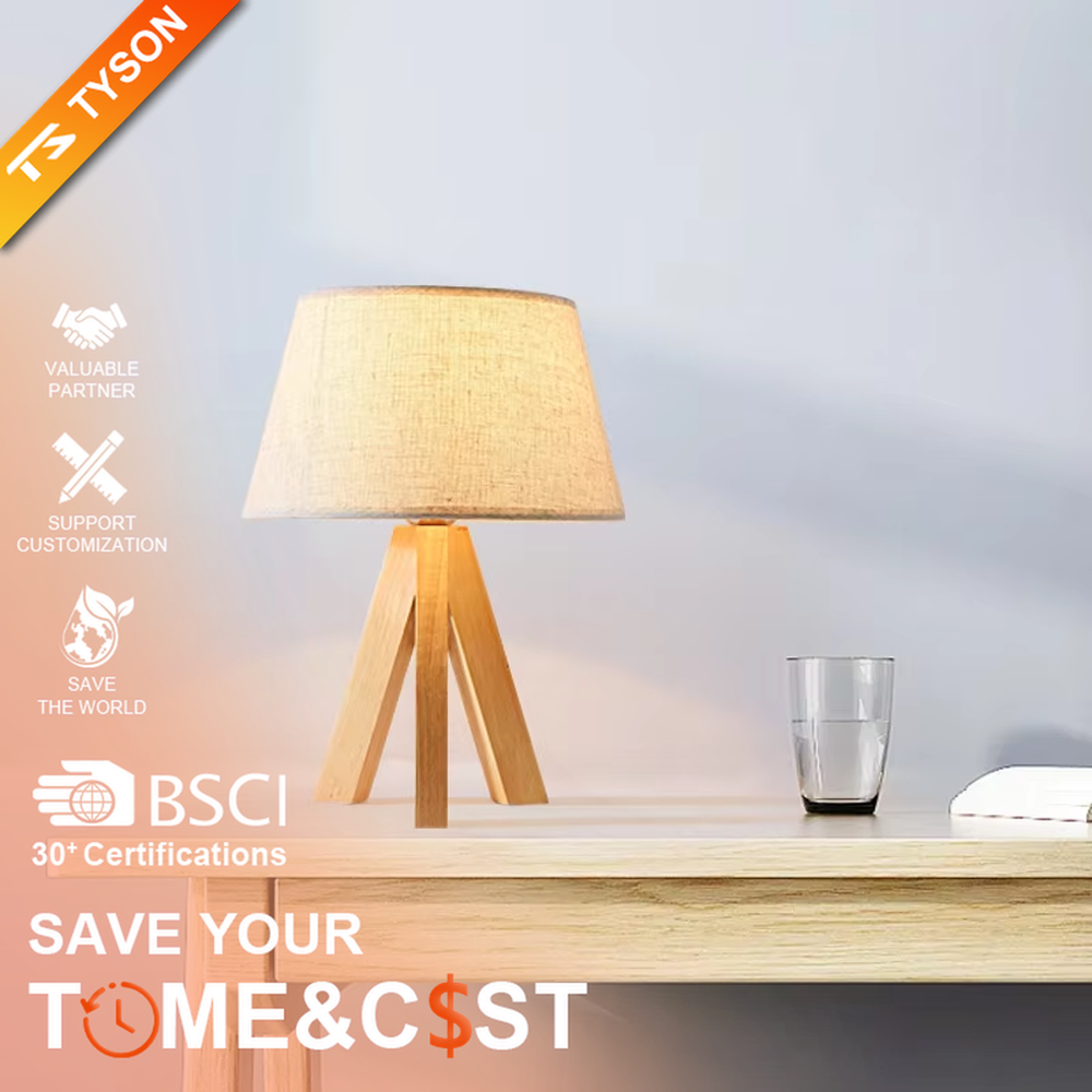 Natural minimalist-style wooden tripod table lamp, beige linen lampshade + solid wood stand, soft and warm lighting, creating a comfortable natural atmosphere.