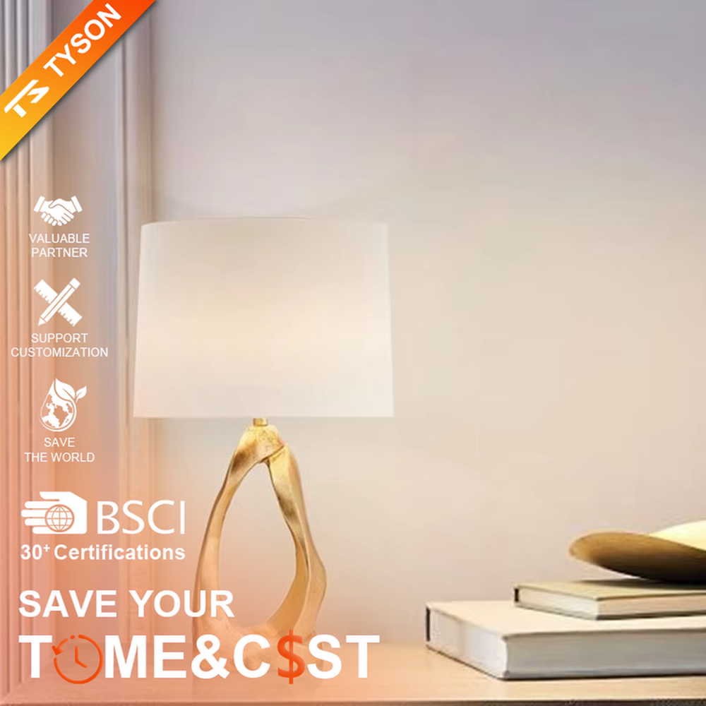 Art light luxury golden irregular twisted hollow base table lamp, beige fabric cylindrical lampshade, soft warm light, creating a high-end art light luxury atmosphere.