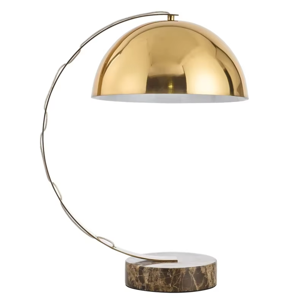 Light luxury golden curved hemisphere table lamp, marble-patterned round base, soft and warm lighting, creating a high-end elegant space atmosphere.