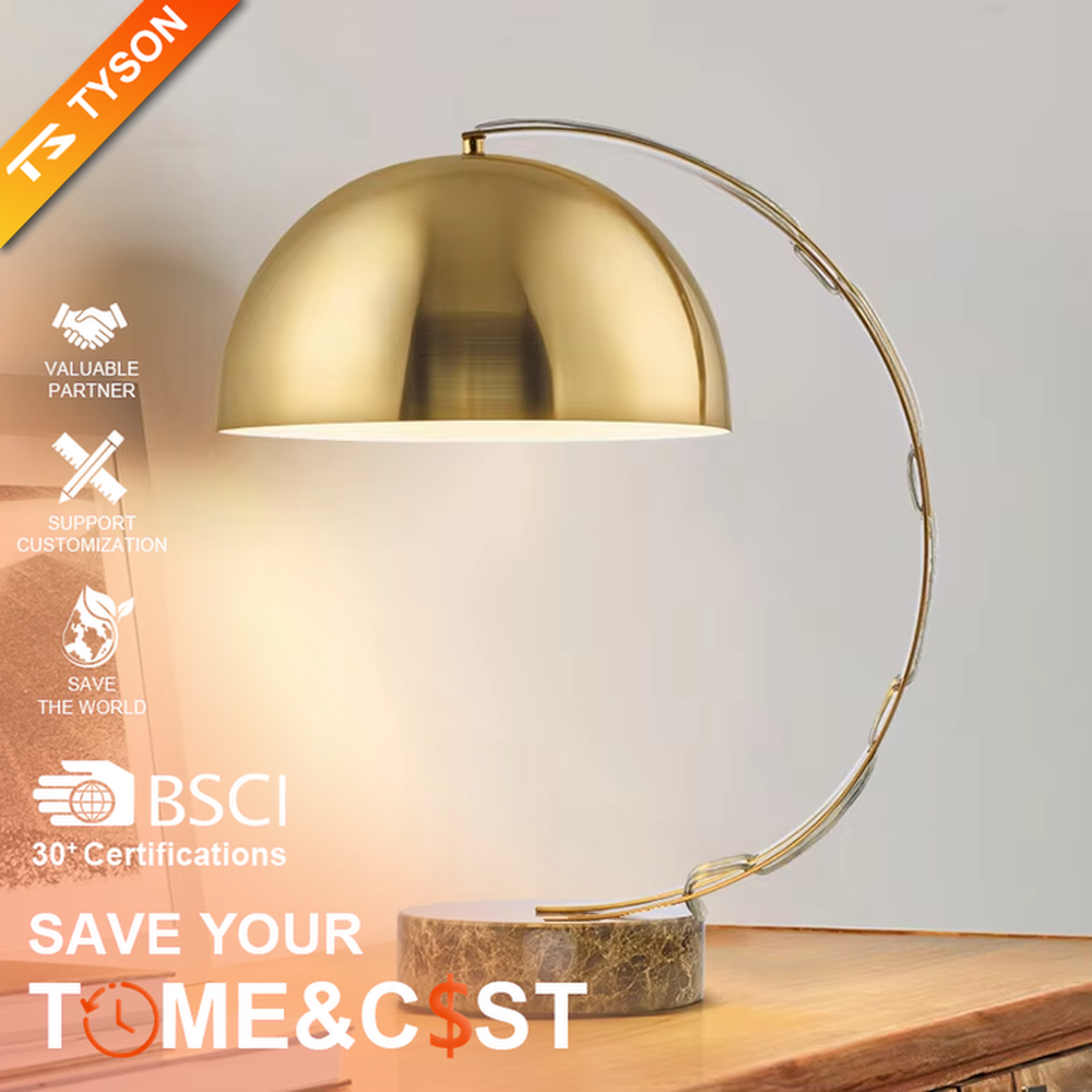 Light luxury golden curved hemisphere table lamp, marble-patterned round base, soft and warm lighting, creating a high-end elegant space atmosphere.