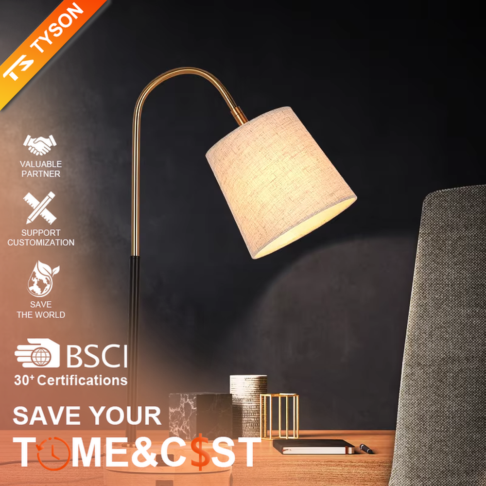 Light luxury natural-style golden curved lamp pole wooden base table lamp, linen fabric lampshade + black-gold decorative section, soft and warm lighting, creating a comfortable elegant atmosphere.