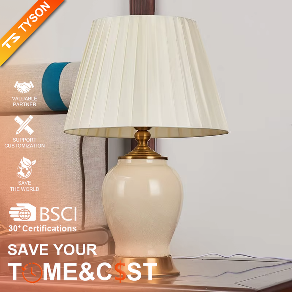 Vintage elegant-style beige pleated fabric lampshade table lamp, white porcelain vase base + golden metal decorations, soft and warm lighting, creating an elegant and cozy atmosphere.