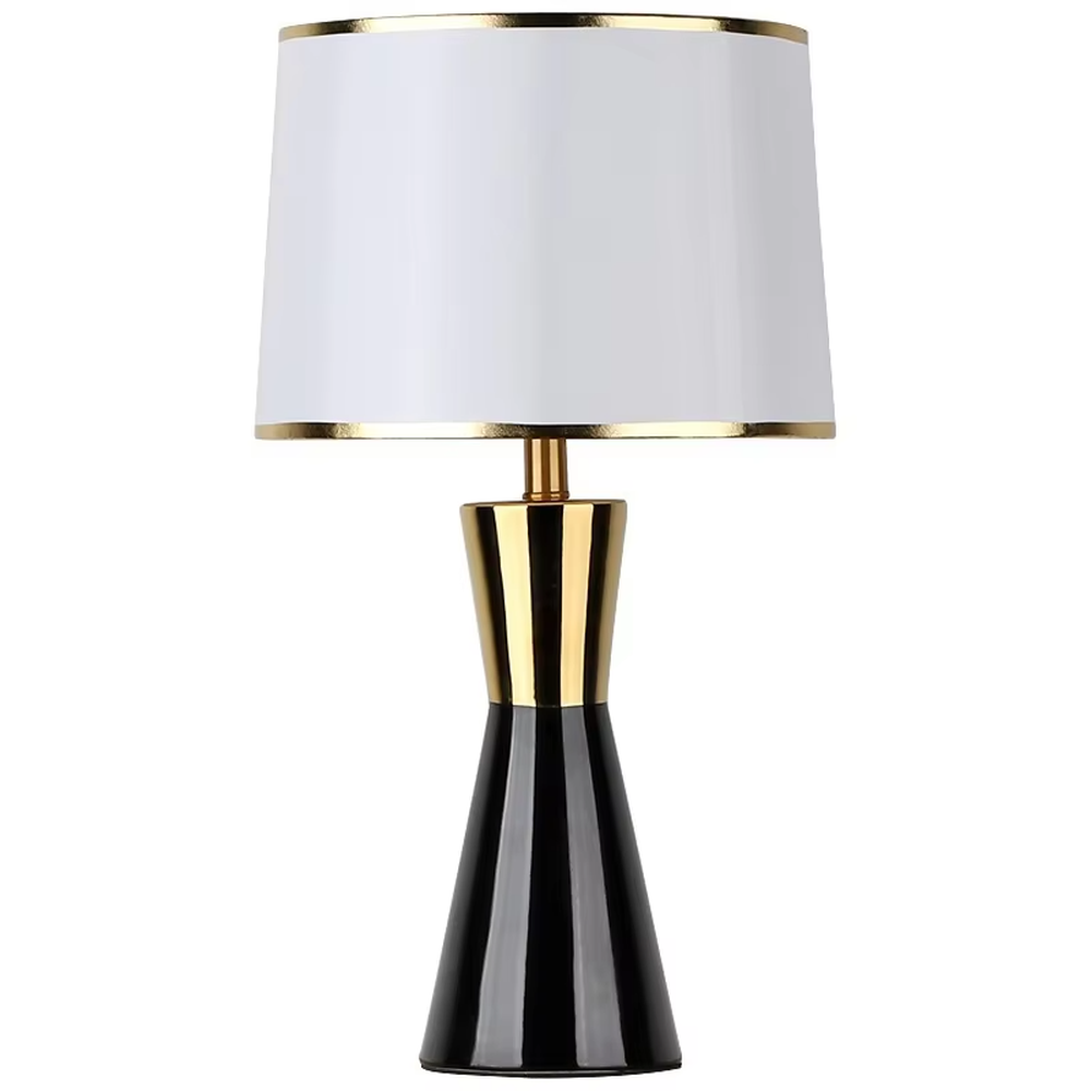 This is a light luxury black-gold cone table lamp, with a black cone base paired with golden decorations, a beige cylindrical lampshade with golden trim, soft and warm lighting, creating an elegant light luxury atmosphere.