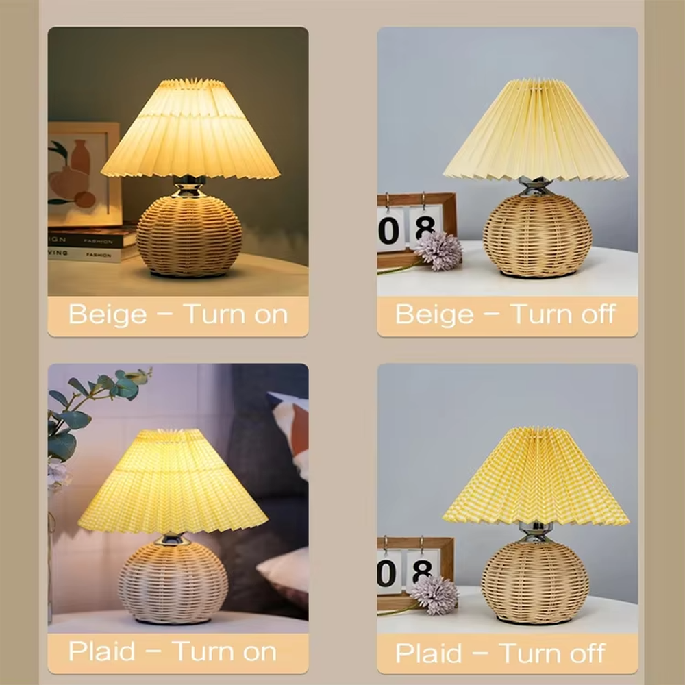 Natural minimalist rattan spherical table lamp, yellow pleated fabric lampshade paired with silver metal decorations, soft and warm lighting, creating a natural and comfortable space atmosphere.