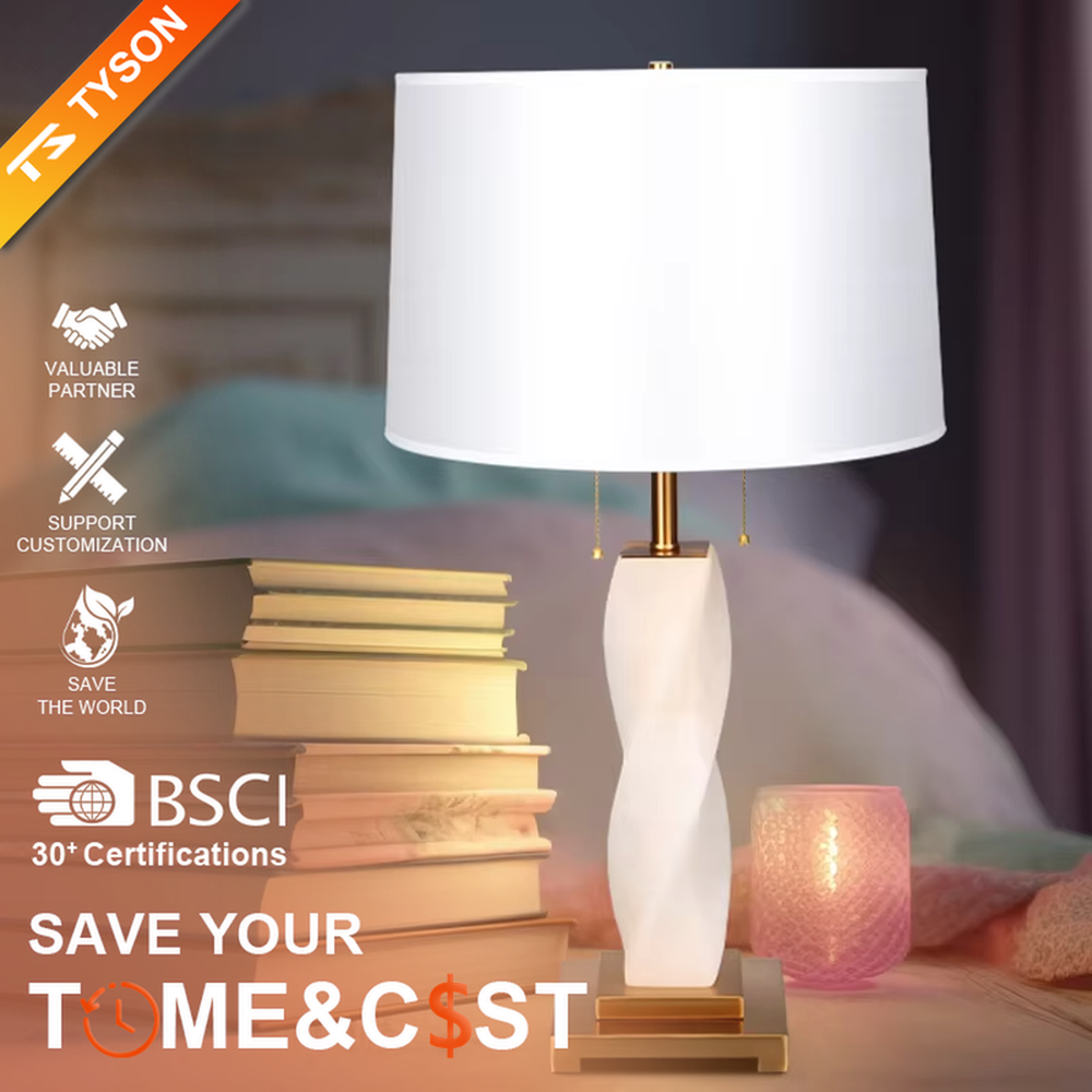 This is a modern artistic twisted table lamp, with a white twisted base, golden metal components, and a white fabric circular lampshade, featuring a strong artistic sense and luxury texture. It is used for local desktop lighting and decoration, creating an artistic luxury atmosphere. It is suitable for modern art home bedroom bedside tables, designer studios, high-end hotel guest rooms and other places.