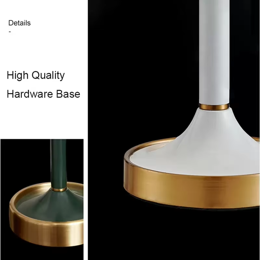 This is a light luxury retro umbrella - shaped fabric table lamp, with a white umbrella - shaped fabric lampshade paired with golden and dark green metal stands, and a golden base. It features a minimalist retro and light luxury elegant design, with warm and soft lighting. It is used for local desktop lighting and decoration, creating a light luxury retro atmosphere. Suitable for light luxury - style bedroom bedside tables, modern retro - style living room side tables, high - end hotel guest rooms and other places.