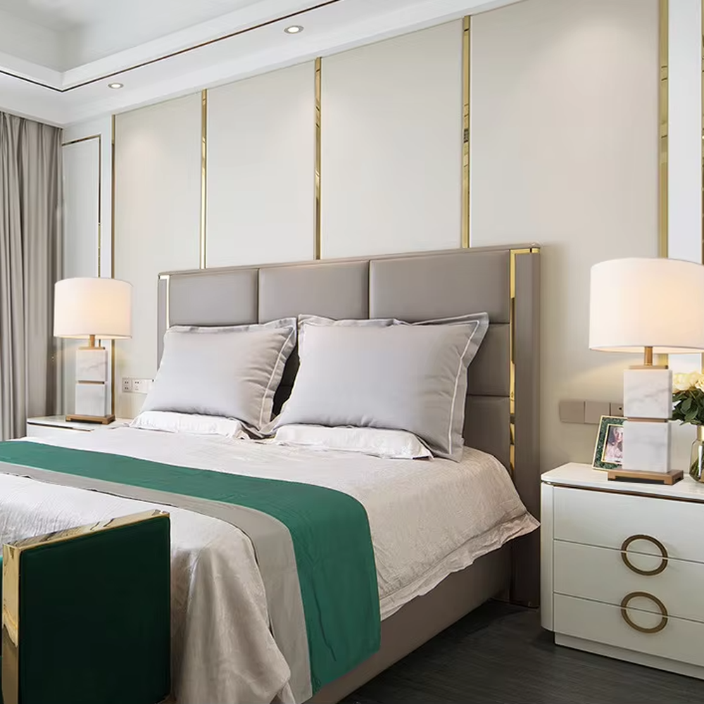Light luxury dark green marble gold-decor light cyan fabric lampshade table lamp, square marble base + golden decorative strips + light cyan fabric lampshade, soft light, creating a high-end light luxury atmosphere.