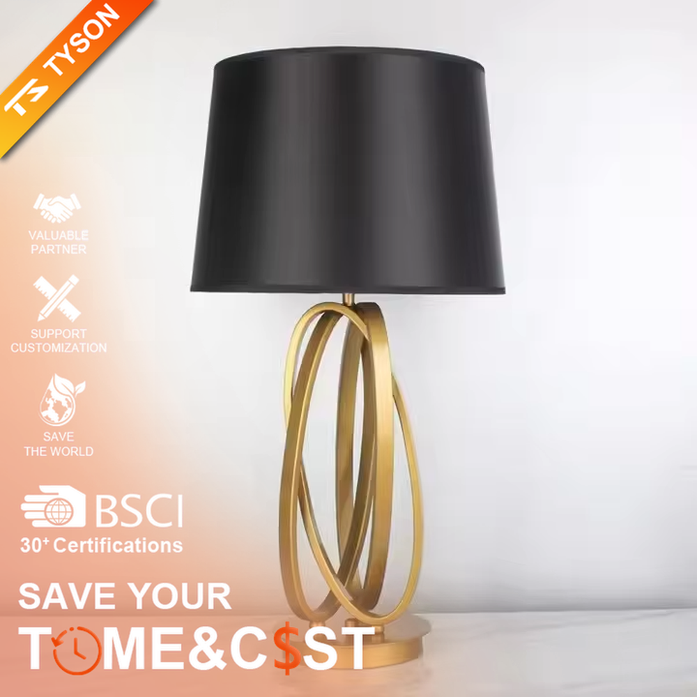 This is a modern luxury circular metal table lamp, with a golden interlaced circular metal base and a black fabric conical lampshade, featuring an artistic design and strong luxury texture. It is used for local desktop lighting and decoration, creating a high-end luxury atmosphere. It is suitable for luxury-style home bedroom bedside tables, modern minimalist living room side tables, high-end hotel guest rooms and other places.