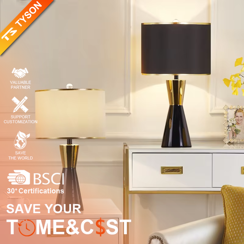 This is a light luxury black-gold cone table lamp, with a black cone base paired with golden decorations, a beige cylindrical lampshade with golden trim, soft and warm lighting, creating an elegant light luxury atmosphere.