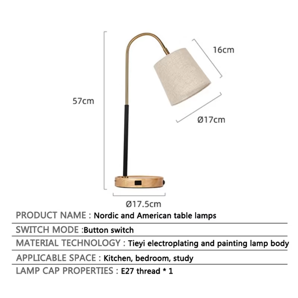 Light luxury natural-style golden curved lamp pole wooden base table lamp, linen fabric lampshade + black-gold decorative section, soft and warm lighting, creating a comfortable elegant atmosphere.