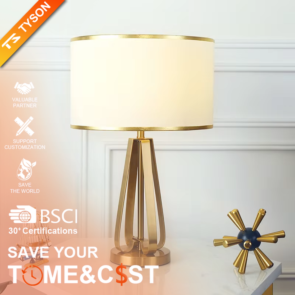 Light luxury golden geometric stand table lamp, beige fabric lampshade + golden decorative ring, soft lighting, creating a high-end elegant atmosphere.
