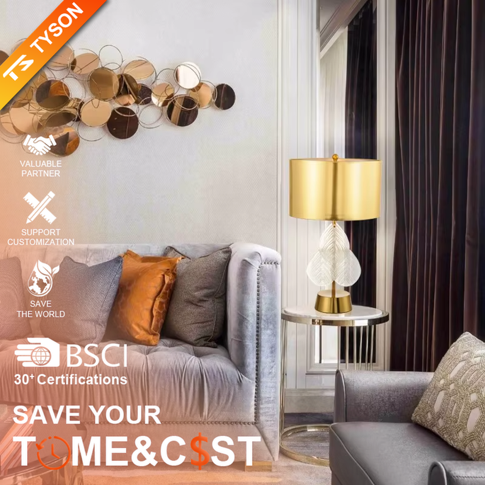 This is a light luxury artistic-style gold and white leaf-decorated table lamp, with a golden metal lampshade and base, paired with transparent leaf-shaped decorations (with texture). It features an exquisite light luxury design, with warm and soft lighting. It is used for local desktop lighting and decoration, creating a light luxury artistic atmosphere. Suitable for light luxury-style bedroom bedside tables, modern minimalist living room side tables, high-end home studies and other places.