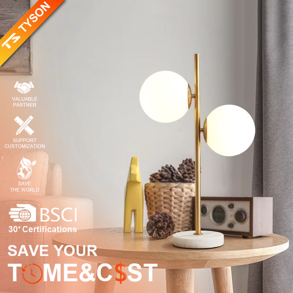 This is a modern light luxury double-ball table lamp, with a golden lamp pole paired with frosted white ball lampshades and a white marble base. The style is simple and exquisite, with soft and warm lighting.