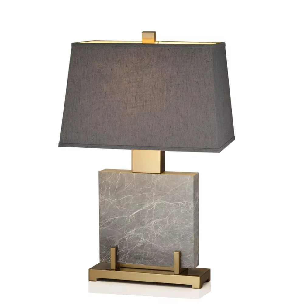 This is a light luxury modern-style marble metal fabric table lamp, with a gray marble base paired with golden metal brackets and connectors, and a gray fabric square lampshade. It features a minimalist and grand design with high texture. It is used for local desktop lighting and decoration, creating a light luxury and elegant atmosphere. Suitable for light luxury-style bedroom bedside tables, modern minimalist living room side tables, high-end hotel guest rooms and other places.