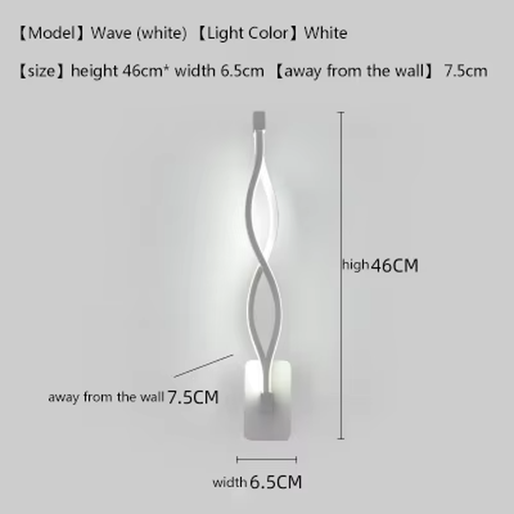 This is a modern minimalist spiral-shaped wall lamp, designed with a metal frame and warm light strip, featuring a flexible and linear shape, and showing a stylish and elegant look under warm light. It is used to decorate the wall and provide local lighting, with both aesthetics and practicality. It is suitable for modern home bedrooms, living room feature walls, hotel guest room bedside walls, high-end apartment corridors and other places.