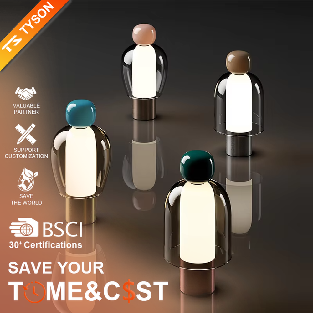 This is an artistic doll-style glass and metal table lamp, with a transparent glass shell, pink top, and metal base. Its unique shape is like an artistic doll, featuring a strong modern artistic sense. It is used for local desktop lighting and decoration, creating an artistic and modern atmosphere. Suitable for art exhibition halls, corners of modern home studies, designer studios and other places.