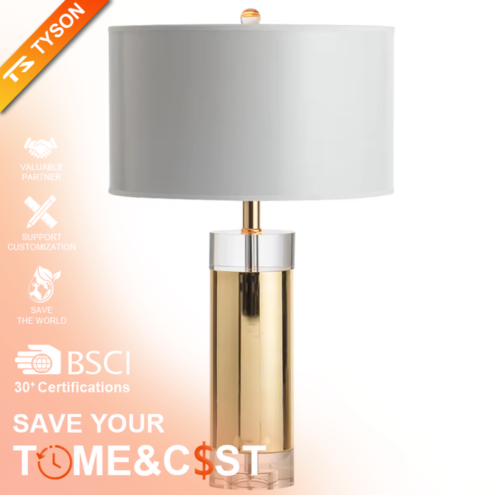 Modern Light Luxury Gold & Crystal Table Lamp, White Cylindrical Fabric Lampshade (Gold Interior), Gold Metal and Transparent Crystal Combined Lamp Body, Serves Both Lighting and Decorative Purposes, Ideal for Bedrooms, Living Rooms, Studies, Hotel Guest Rooms, etc.