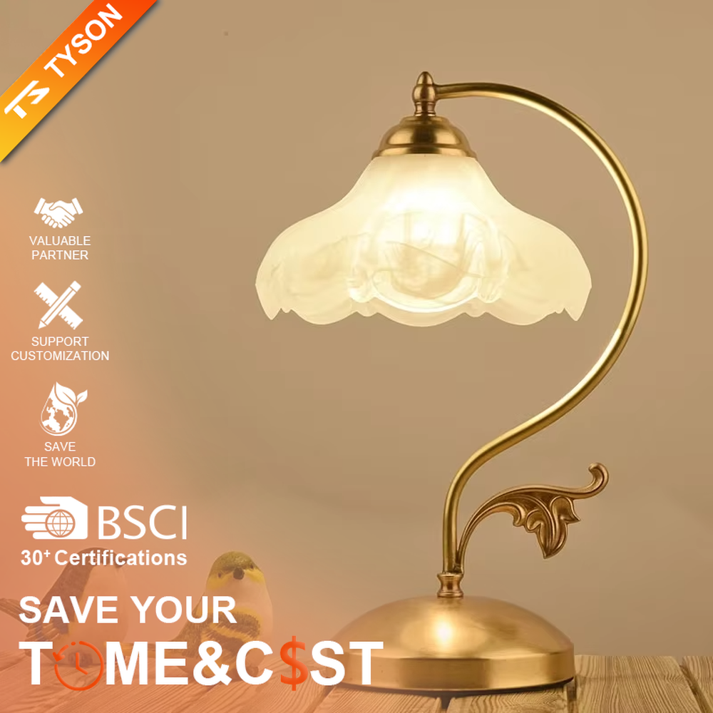 Vintage pastoral style flower-shaped table lamp, with a black wrought iron curved lamp pole with leaf decoration, paired with a white frosted glass petal lampshade. It emits soft and warm light, combining decorativeness and practicality, suitable for lighting and decoration in spaces such as bedroom nightstands, study desks, and B&B guest rooms.