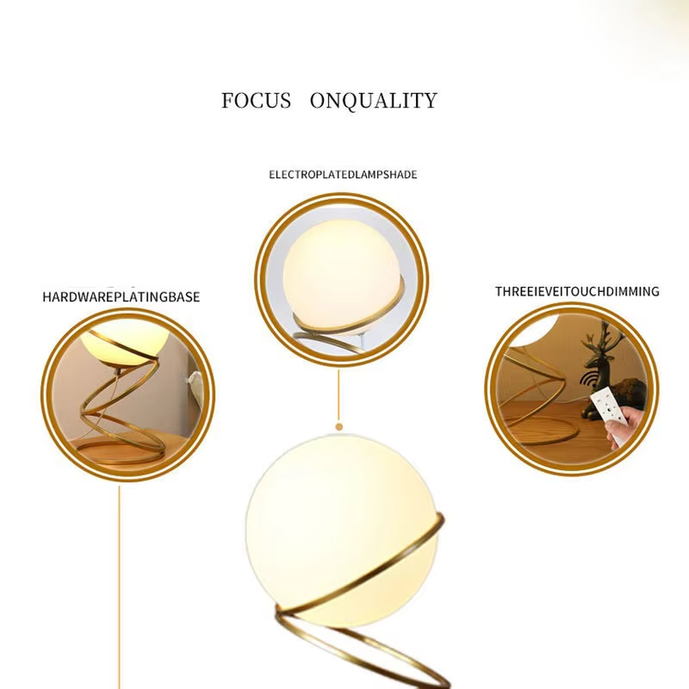 Modern planet orbit-shaped table lamp (white ball + gold ring stand), warm light effect, creating a sci-fi artistic minimalist space atmosphere.