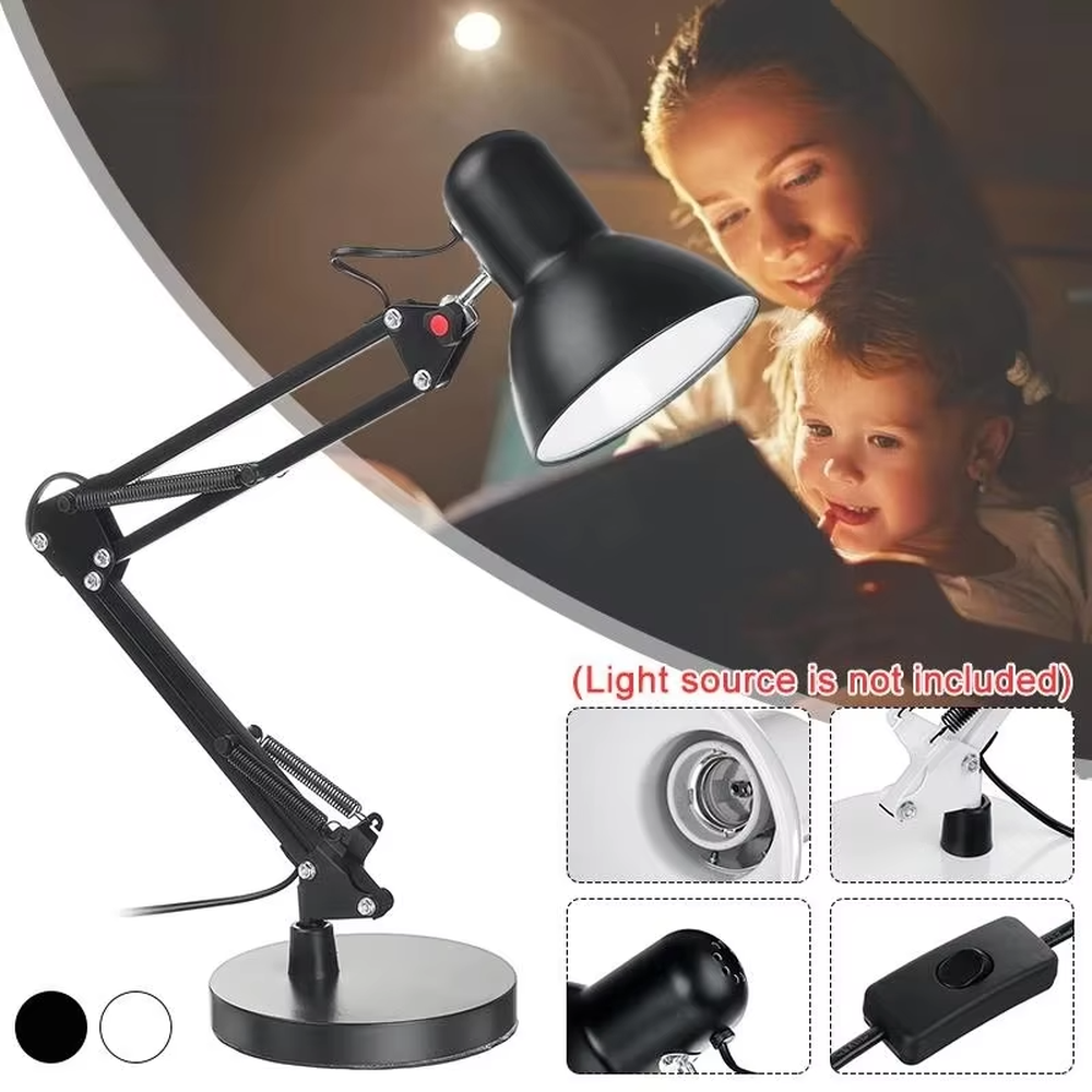 Industrial style long-arm folding table lamp, black iron lamp body with conical lampshade, multi-joint adjustable angle, focused and eye-protective light, used for lighting in desks, workbenches and other areas, suitable for industrial-style homes, office areas, student study rooms, etc.