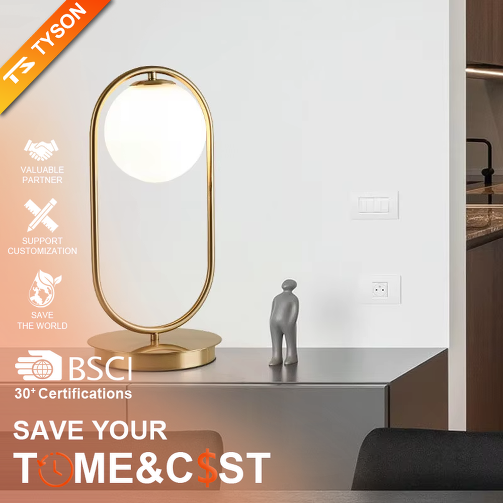 Minimalist gold ring glass ball table lamp (gold ring stand + milk white glass ball), warm light effect, creating a simple and high-end light luxury home atmosphere.