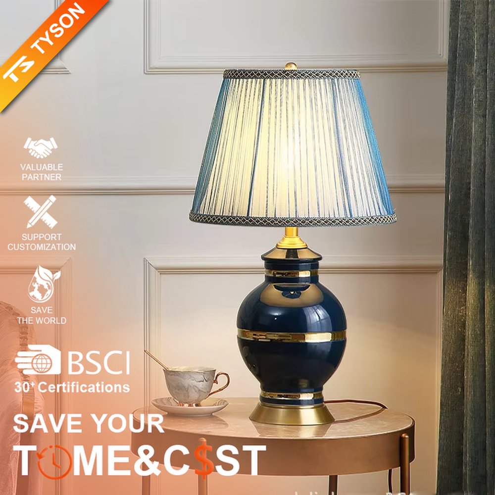 This is a light luxury European-style ceramic table lamp, with a dark blue ceramic base paired with gold metal decorations, and a light blue vertical-striped fabric lampshade edged with a gold ribbon, which has both lighting and decorative functions, suitable for bedroom nightstands, living room side tables, hotel guest rooms and other spaces.